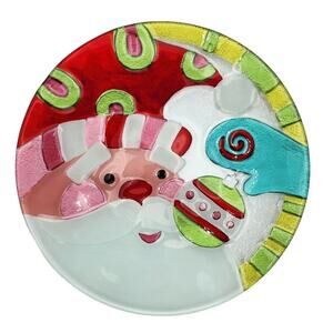 Lenox Jolly Santa Christmas Plate Glass Fusion Hand Created VTG In Original Box